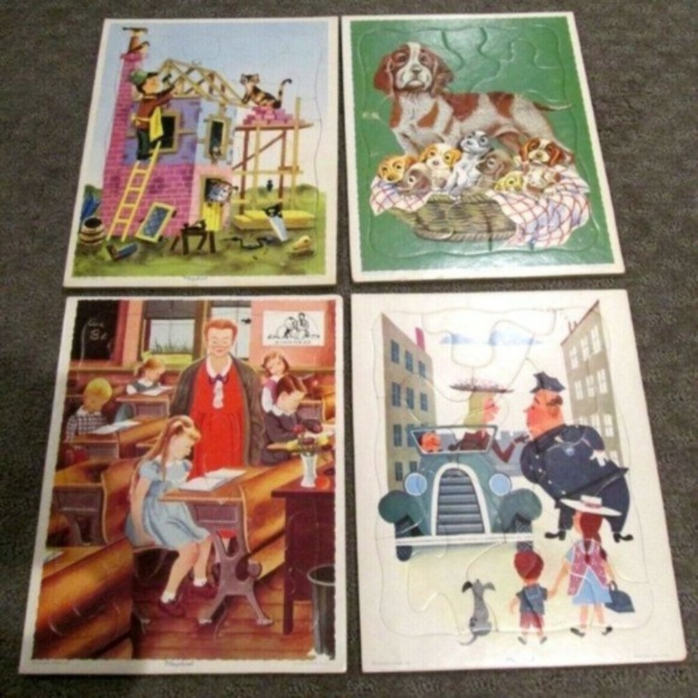 Lot 4 Puzzles Vintage Playskool Golden Press made in USA Tray Frame Puzzle 10x8"